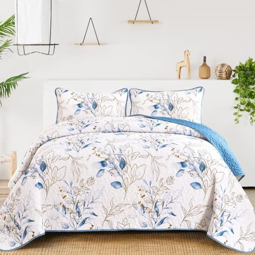 Anibedding Botanical Quilt Set Full, 3 Pieces Reversible Elegant Blue Leaves Pattern Bedspread Coverlet Soft Microfiber Bed Cover for All Season(90"×78")