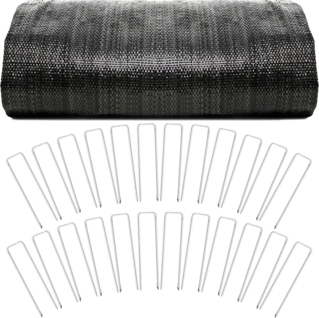 Driveway Landscaping Fabric and Underlayment - 50 x 12.5 ft Heavy Duty Woven Geotextile Landscape Weed Barrier with 50 Staples for Outdoor Garden Gravel Road and Patio Projects