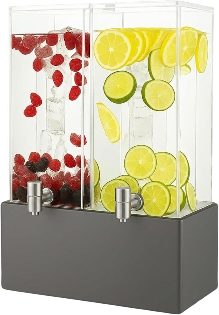 1.25 Gallon Dual Acrylic Beverage Dispenser with Gray Metal Stand 2-Drink Server with Ice Chambers & Stainless Steel Spouts
