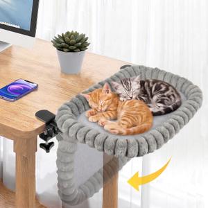 Pawow X-Large Cat Desk Bed - 90 Foldable Space-Saving Cat Beds, 2 Washable Covers (Faux Rabbit Fur & Cool Mesh), Heavy-Duty Frame Supports 40lbs, Easy Install Pet Perch for Office & Game Tables