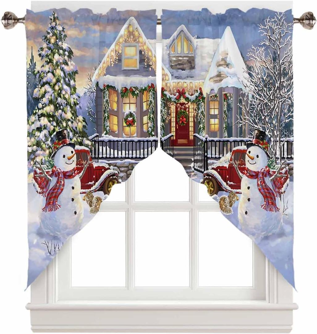 Christmas Swag Curtain Xmas Tree Snowman Valance for Kitchen Window Red Truck Snowy Winter Treatment Topper Curtains Bathroom Living Room 2 Panel, W 28 x L 36