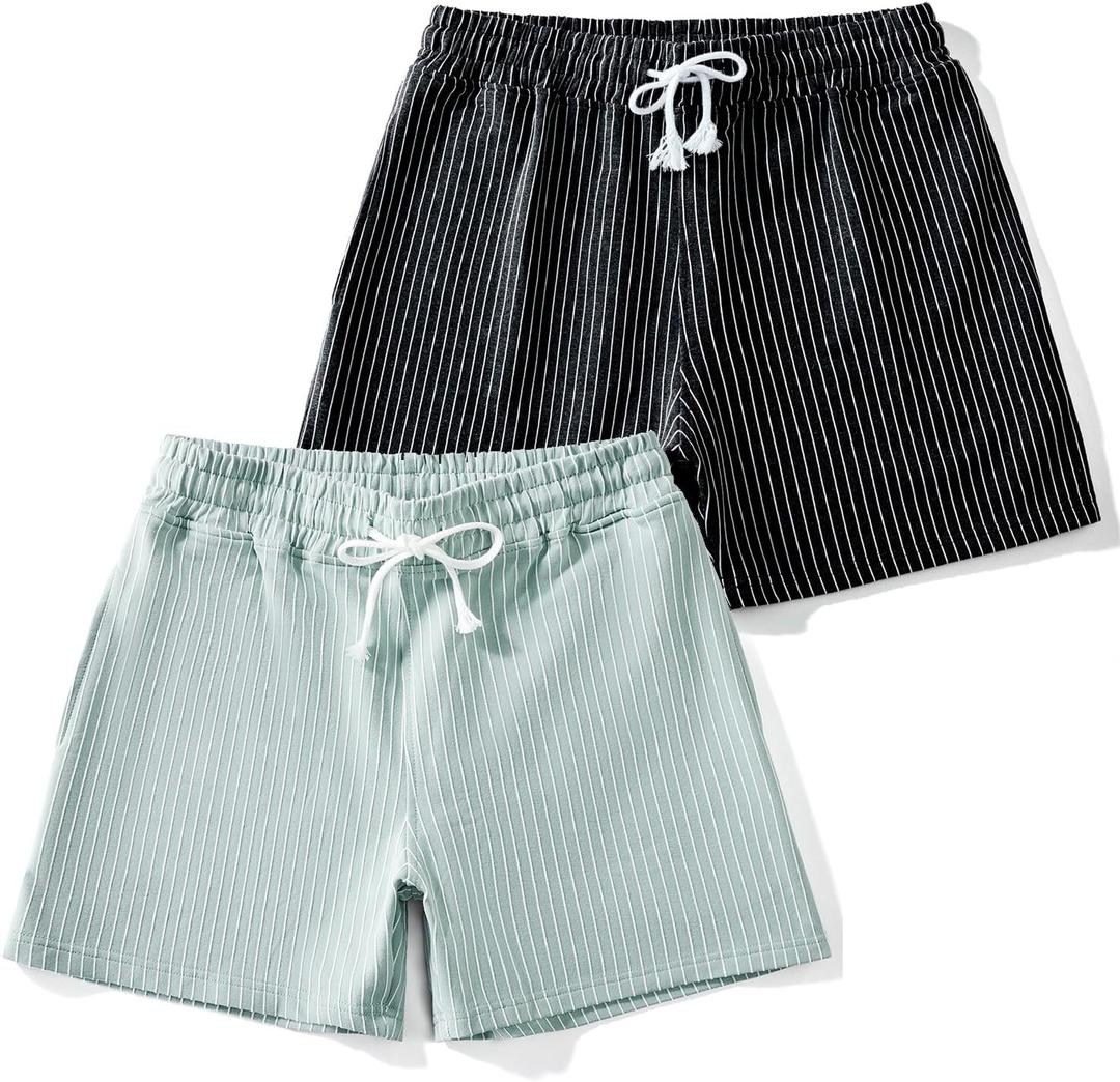 Mens Sweat Workout Shorts 5 Inch Cotton Terry Sweatshort Casual Striped Pajamas Summer Athletic Short (Green, S)