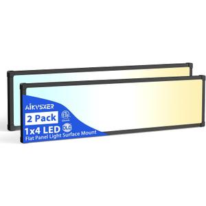 AIKVSXER 2 Pack 1x4 LED Flat Panel Light 6500LM Ultra-Bright, Dimmable 30-50W, 3000K-6500K Adjustable, 0-10V Dimming, Slim Surface Mount Ceiling Light for Office, Home, Garage Black
