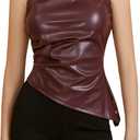 MakeMeChic Women's PU Leather Tank Top Mock Neck Y2k Ruched Party Sleeveless Leather Tops Burgundy B, Small