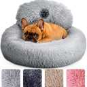 PetJett Calming Small Dog Bed - 23'' Round Dog Beds, Anti-Slip & Washable Super Soft Fluffy Plush Faux Fur Pet Bed, Anti-Anxiety Premium Comfort Donut Puppy Bed, Fits Dogs up to 25 lbs - Bright Grey