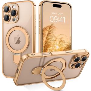 GUAGUA for iPhone 16 Pro Max Case with Stand, Magnetic Clear Cases Plating Edge Invisible Ring Holder Slim Shockproof Protective Kickstand Phone Case for iPhone 16 Pro Max 6.9'', Desert Titanium Gold