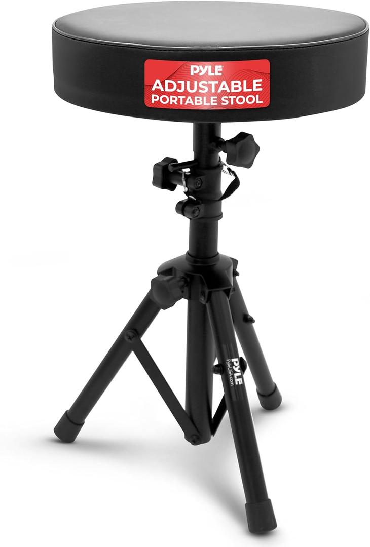 Pyle Drum Throne, Rotatable Padded Seat, Adjustable Height, Foldable Design, Solid Steel Legs, Non-Slip Rubber Feet, Musicians & Drummers, Assembly Required, Supports Up to 330 lbs. Weight