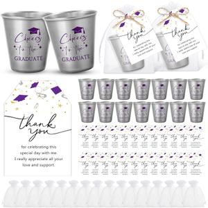 Maxcheck 30 Sets Graduation Gifts Cheers to the Graduate Stainless Steel Shot Glasses with Thank You Cards and Gift Bags Graduation Party Favors Supplies for Teacher Classmates Family(Purple)