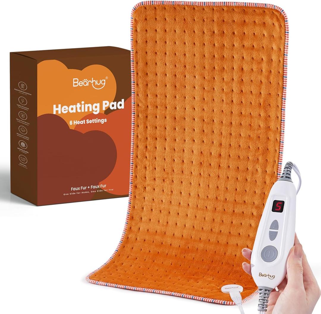 Bearhug Large Heating Pad for Back/Period Cramps/Neck/Shoulders/Knees, Soothing Warmth for Relaxation and Pain Relief, 6 Heat Levels 2H Auto-Off, ETL Certified (Warm Orange, 17" x 33")