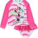 Disney Girls Minnie Mouse UPF 50+ Long Sleeve Rash Guard and Bikini Bottom 2-Piece Swimsuit Set for Toddler and Big Kids (4, Pink)