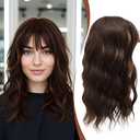 DZFAYESM Hair Topper with Bangs 16 Inch Medium Brown with Highlights Synthetic Wavy Hair Toppers for Women 6.5"x6.5" Big Base Invisible Wiglets Hairpieces for Women Daily Wear