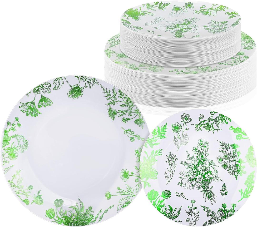 Kochorie 72 Pieces White & Green Floral Disposable Plastic Plates, 10.25" and 7.5" Dinner and Dessert Plates Serving Dish Tray Heavy Duty Party Tableware Supplies for Weddings Birthdays