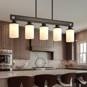 Farmhouse Dining Room Light Fixture, 5-Light Wood Kitchen Island Lighting for Dining Room Over Table, Black Adjustable Pendant Light with Milk Glass Shades, Linear Chandeliers Lighting for Kitchen