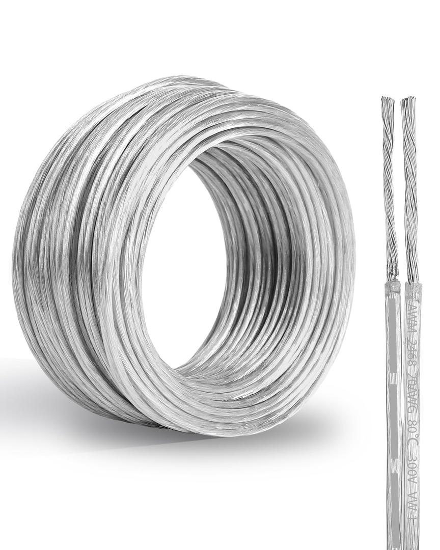 20 Gauge PVC Covered Copper Wire 50FT, UL 2468 20 AWG 2 Conductor Tinned Copper 20/2 Flexible Transparent Cable for String Lamp Cord, LED Light Strip, DIY, Festival Decor, Sound, Speaker, 300V