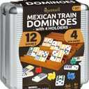 Mexican Train Dominoes Set with 4 Holders - Dominoes Double 12 with Wooden Hub and Tiles Holders - Double 12 Dominos Set for Family Game Night for Adults and Kids Ages 8 and up (D12 + 4 Holders)