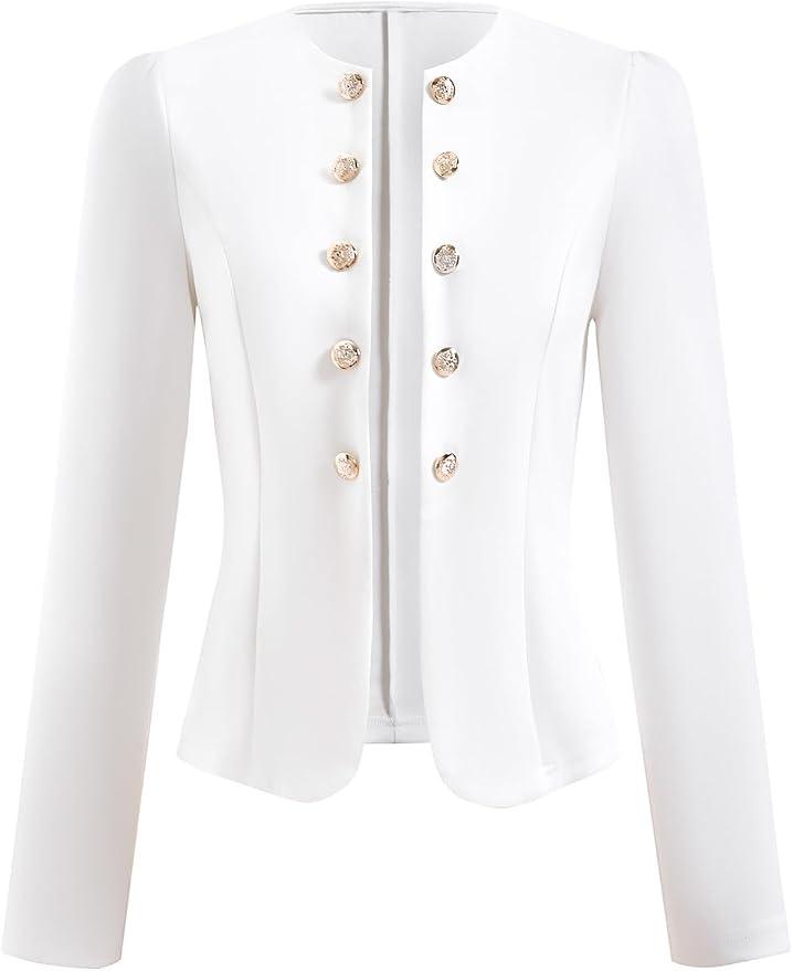 winkbay Women's Puff Sleeve Work Jacket Elegant Open Front Crew Neck Business Casual Blazer White, Large