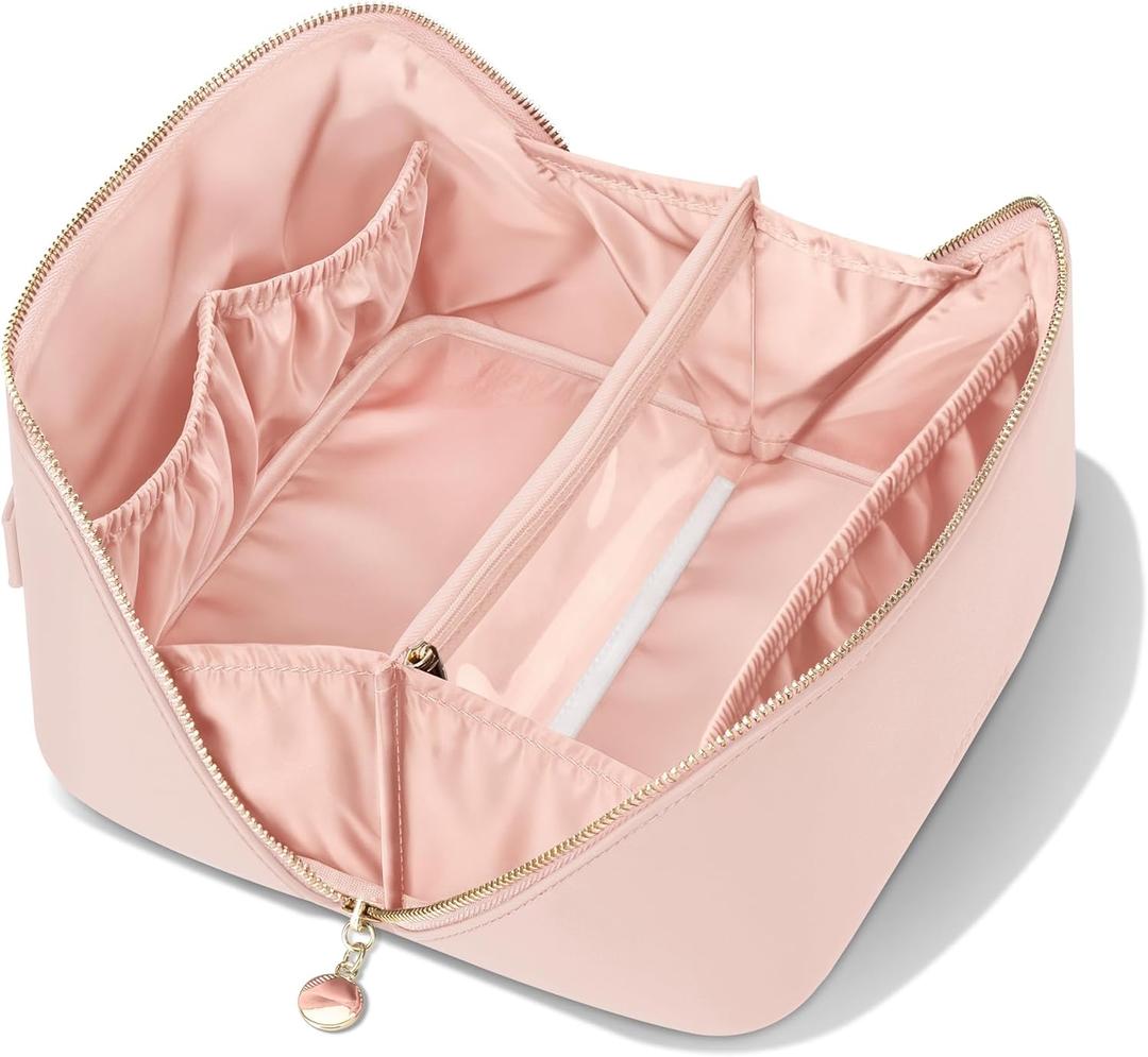 MSTONAL Travel Makeup Bag, Large Capacity Cosmetic Bags for Women, Waterproof Portable Pouch Open Flat Make up Organizer Bag with Dividers and Handle, Toiletry Bag for Essentials (Medium, Pink)