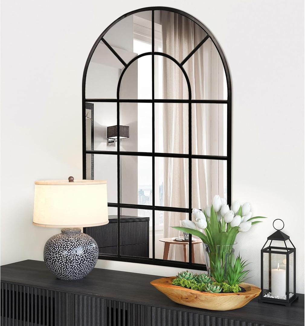 Black Arched Window Mirror, Large Window Pane Mirror, Metal Framed Windowpane Mirrors, 24" X 36" Arched Wall Mirrors for Wall Decor, Entryway, Living Room
