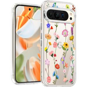 Unov Case Compatible with Pixel 9 Pixel 9 Pro Case Clear with Design Soft TPU Shock Absorption Slim Embossed Pattern Protective Back Cover (Aesthetic Flower)