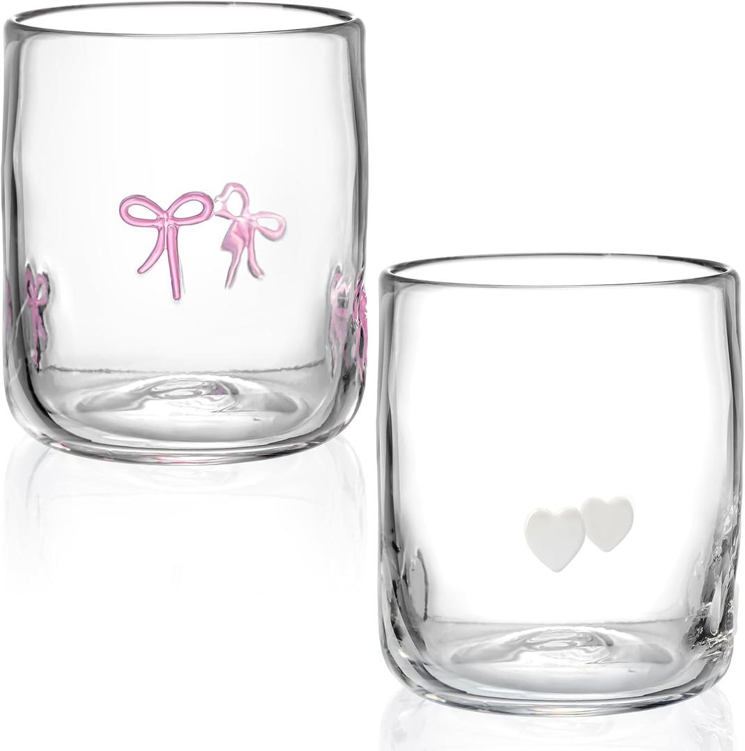 Skylety Set of 2 Bow Icon Juice Glass 14oz Coquette Pink Bow Glass Cup Coquette Heart Coffee Mug Gifts for Women Girls Mothers Day Birthday Bridal Shower Gifts