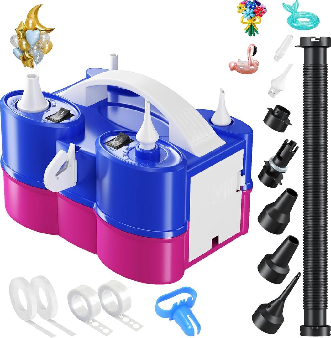 3-in-1 Electric Balloon Pump, Portable Air Pump for Latex 260q Foil Balloons, Dual Nozzle Balloon Blower Machine for Party Decoration, 110V AC Inflator Deflator for Inflatables Pool Floats Mattress (Blue Pink)
