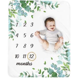 Baby Monthly Milestone Blanket Boy - Neutral Leaf Newborn Month Blanket for Boy & Girl Personalized Shower Gift Soft Plush Fleece Photography Background Prop with Wooden Wreath Large 51''x40''