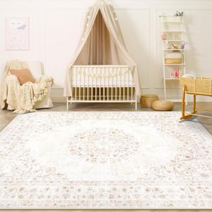 Area Rug 4x6 Vintage Rug: Washable Indoor Medallion Rugs Low Pile Distressed Floor Carpet Retro Accent Rug for Living Room Bedroom Kitchen Dining Table Home Office(Distressed Beige, 4'x6')