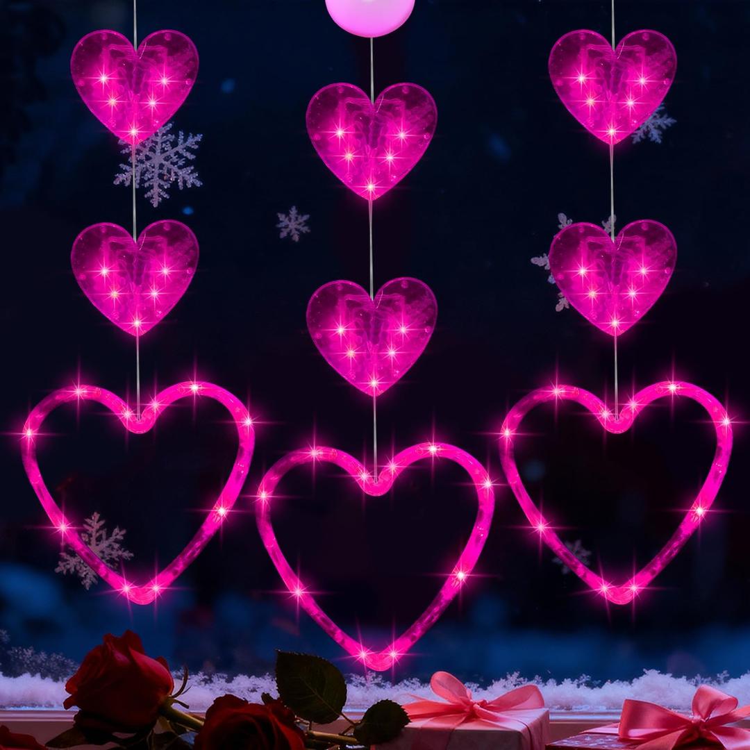 Artmag 3 Pcs Valentines Day Window Lights Decorations with Timer, Three Hearts Shaped Silhouette Battery Powered Hanging Led Lamp for Valentine's Day Lover Home Decor Pink