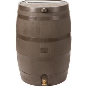 50-Gallon Rain Barrel with Brass Spigot, Flat Back Rain Water Collection Barrel, Walnut Color