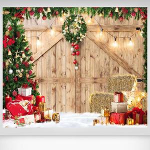Christmas Barn Door Backdrop 10x12ft | Rustic Wooden Barn with Christmas Trees and Wreath Photography Background | Holiday Farmhouse Party Decor for Photoshoots, Cozy Winter Scene