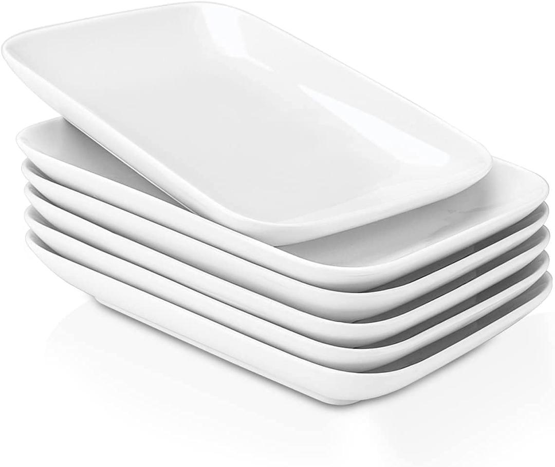 DELLING 8 Inch Rectangular Appetizer Plates Set of 6, Porcelain Salad Dessert Plates White, Small Serving Plates for Sushi Snack, Microwave Oven Dishwasher Safe, Stackable Ceramic Plates