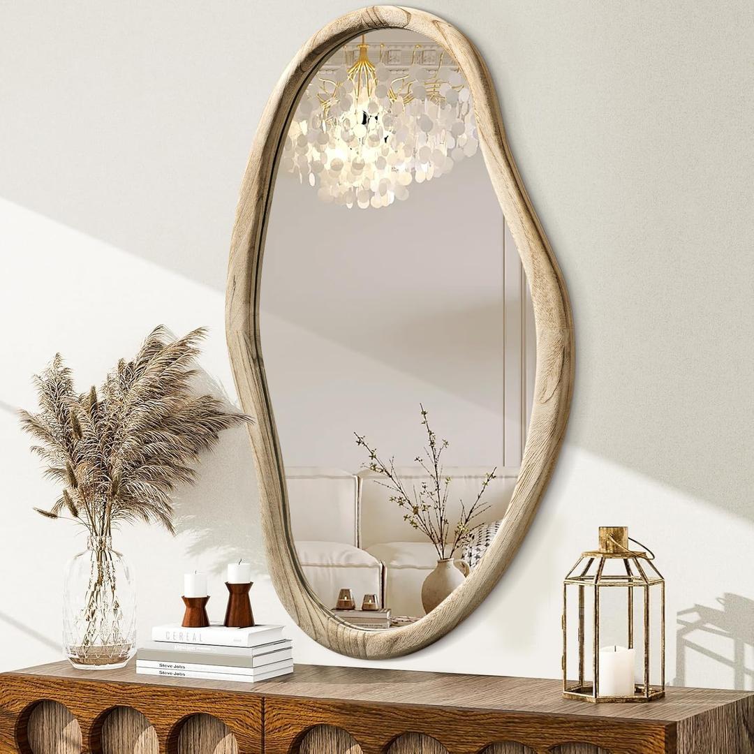 JJUUYOU Irregular Wood Mirror Asymmetrical Bathroom Wall Mounted Mirror 34"x22" Large Horizontal or Vertical Hanging Wall Mirrors for Makeup Bedroom Living Room Wood