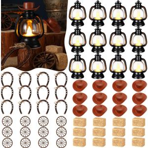 Ferraycle 120 Pcs Cowboy Theme Party Decoration Western Party Decor Rodeo Table Centerpieces Rustic Country Mini Cowboy Hat Lantern Horseshoe Wagon Wheel Hay Bales for Adult Cowgirl (Brown)