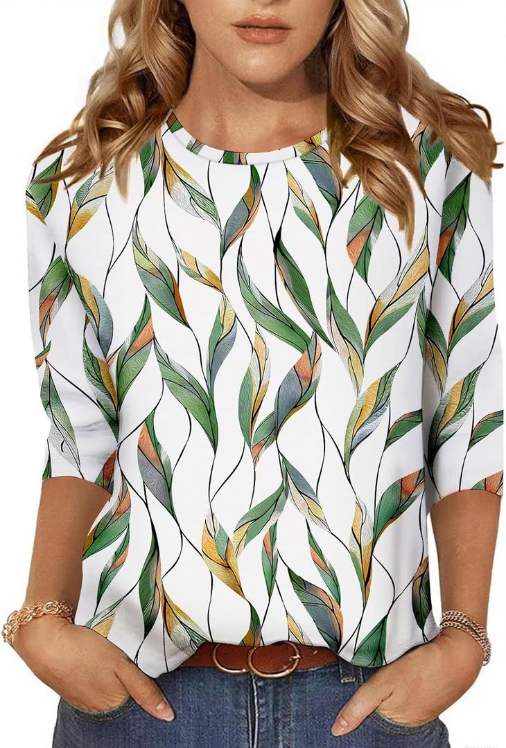 NORACORA Women's 3/4 Length Sleeve Crew Neck T-Shirt - Printed Casual Basic Tops (XL)