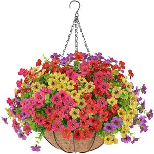 Artificial Flowers Hanging Plants in Basket,Artificial Hanging Flowers for Outdoor Indoor Decor,UV Resistant Hanging Baskets with Fake Flowers for Patio Garden Porch Deck Decoration (1PCS, Multi Color)