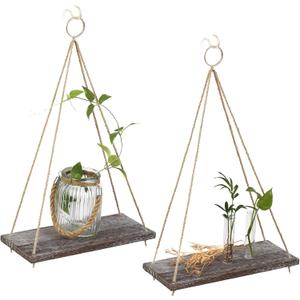 MITIME Hanging Wall Shelves, Set of 2 (Medium), Boho Style, Triangular, Wood Finish, Wall Mount, 2 Shelves, Living Room, Bedroom, Bathroom, Kitchen