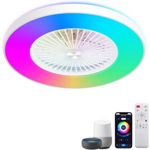 24" Low Profile Ceiling Fans with Lights, Bladeless Ceiling Fan, with with Alexa, Remote/APP/Voice Control, Enclosed Flush Mount RGB Ceiling Fan Dimmable Color Changing LED Ambient (White & RGBMG)
