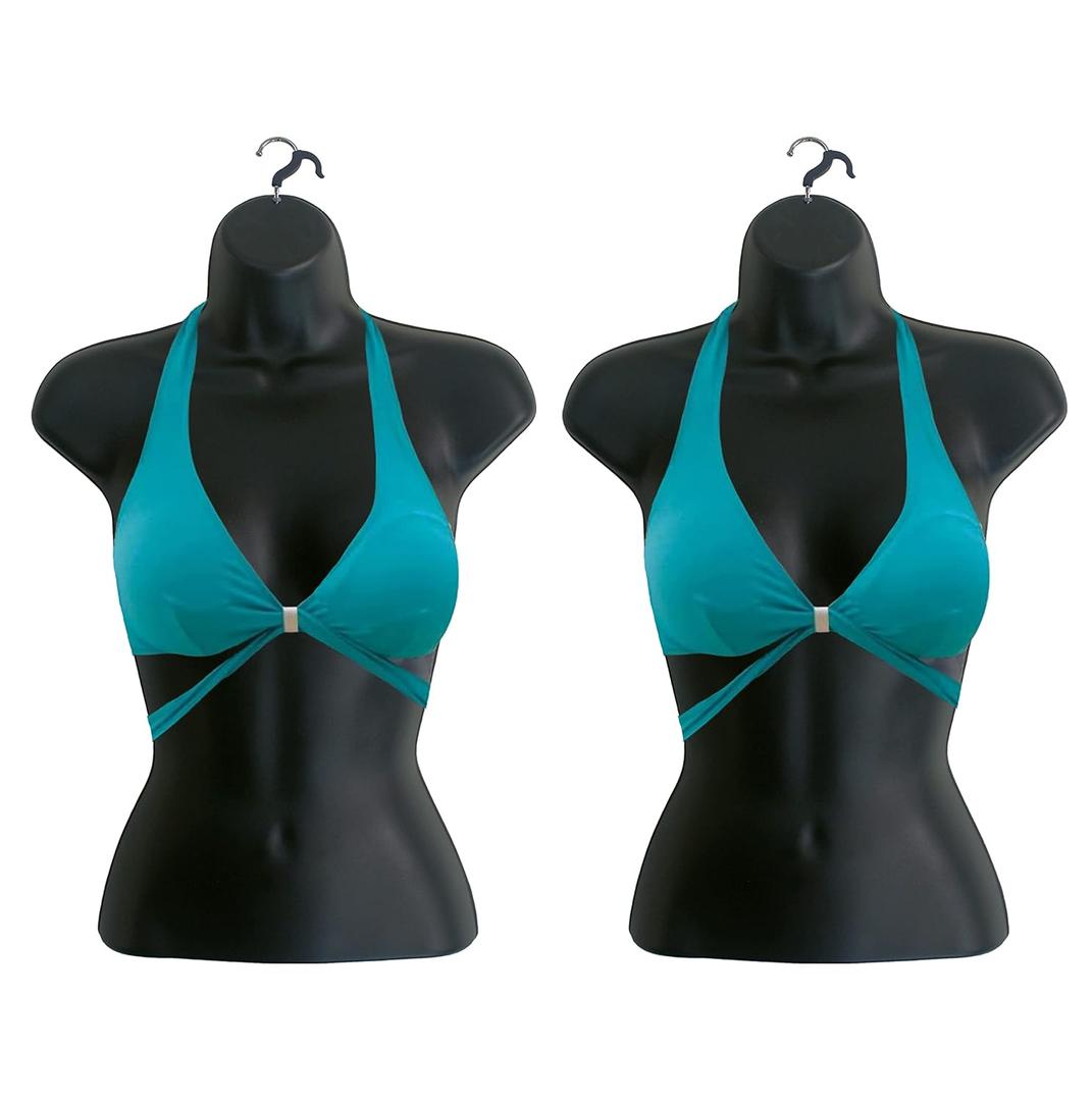 Female Mannequin Torso Hollow Back Body Stackable Dress Form with Hanging Hooks for Tshirt Display, Countertop, Craft Shows, Photos and Design, S-M Clothing Size (Black, Set of 2)
