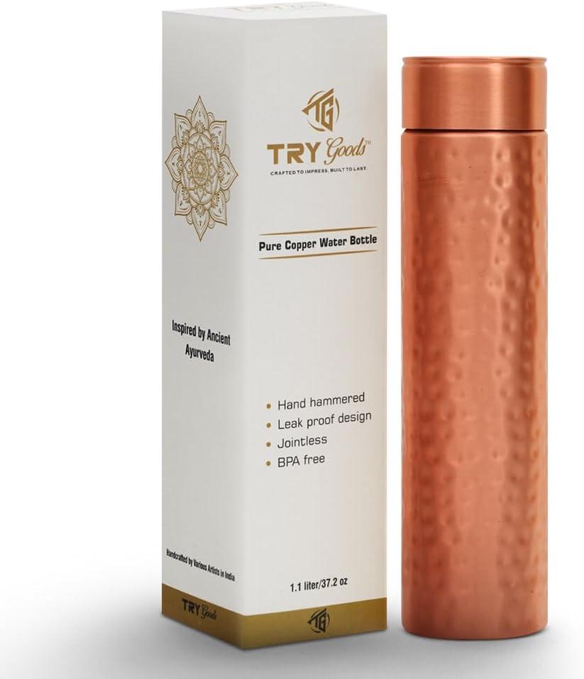 Copper Water Bottle - 37.2 OZ/1.1 L Large Handmade Hammered Pure Copper Vessel for Drinking Leak Proof Durable Easy to Carry Ideal for Home Travel Office Use