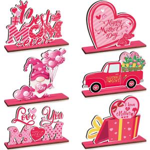 DoubleFill 6 Pcs Mother's Day Centerpiece Table Decorations Happy Mother's Day Wooden Table Topper Sign with Base Gnome Flower Best Mom Ever Love You Mom for Kitchen Home Party