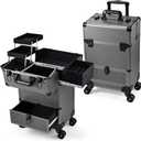 Hododou Rolling Makeup Case Cosmetic Travel Trolley Storage Sliding Drawer 4 Tray Makeup Travel Case with Wheels Salon Barber Case Traveling Cart Trunk for Cosmetologist Nail Tech Hairstylist Grey