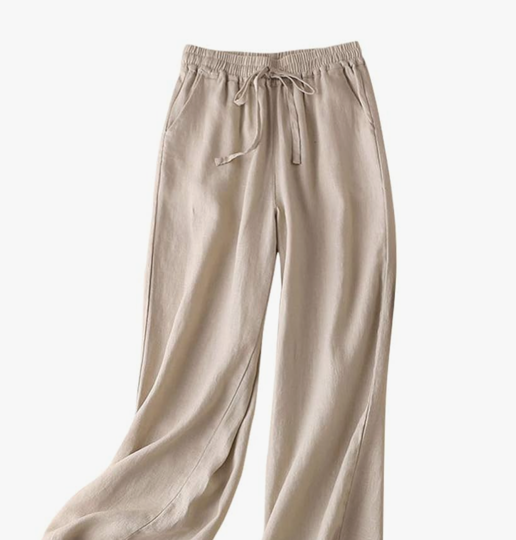 Womens Linen Pants Spring Summer Straight Leg Loose Fit Beach Pants with Drawstring, Size L