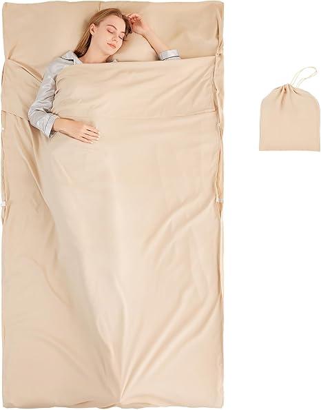 Sleeping Bag Liner Camping Adult Sleep Sack Lightweight Travel Sheet for Hotel Bed Compact Ultralight Essential Cleaning Supplies Kit Travel Bedding Set for Backpacking, Sand
