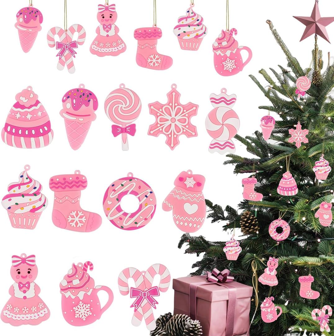 Pink Candy Ornaments for Christmas Tree Decorations, 12 PCS Soft PVC Candy Sweet Christmas Ornaments for Xmas Tree Party, Home, Office Decor
