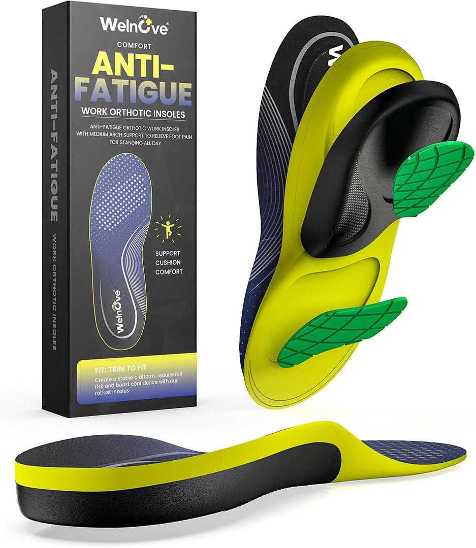 Work Orthotic Insoles for Plantar Fasciitis - Welnove Superior Comfort Work Boot Insoles for Standing All Day - Anti Fatigue Medium Arch Support Shoe Inserts for Men Women Flat Feet Pain (Size XL) (XL: Men 11-13.5 / Women 12-14.5, Blue)