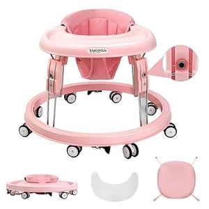 aby Walker with Wheels, One-Touch Folding Baby Walkers, 7-Speed Height Adjustment with Large Dinner Plate, Anti-Roll 8-Wheel with Brake for 6-18 Months Baby, Full Pink