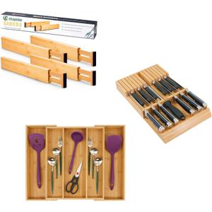 Utoplike Bamboo Kitchen Drawer Organizer, Adjustable & Expandable, Knife Drawer Organizer, Set of 3, Brown
