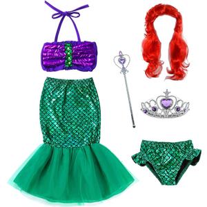 The Little Girls Mermaid Princess Dress Costume Wig Tiara Wand(18M-8Years) (5-6Years, Green/Purple)