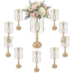 10 Pcs 21.5 Tall Gold Centerpieces for Table, Open Lattice Midsection Trumpet Base Vase Stands with Hanging Crystals, Metal Flower Holders for Wedding Receptions,Parties & Event Decor