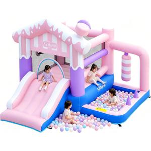 AirMyFun Pink Ice Cream Themed Inflatable Bounce House for Kids - Indoor/Outdoor Jumping Castle with Slide, Ball Pit, Wrecking Ball & Bounce Area, Durable Party Playground for Toddlers Boys Girls